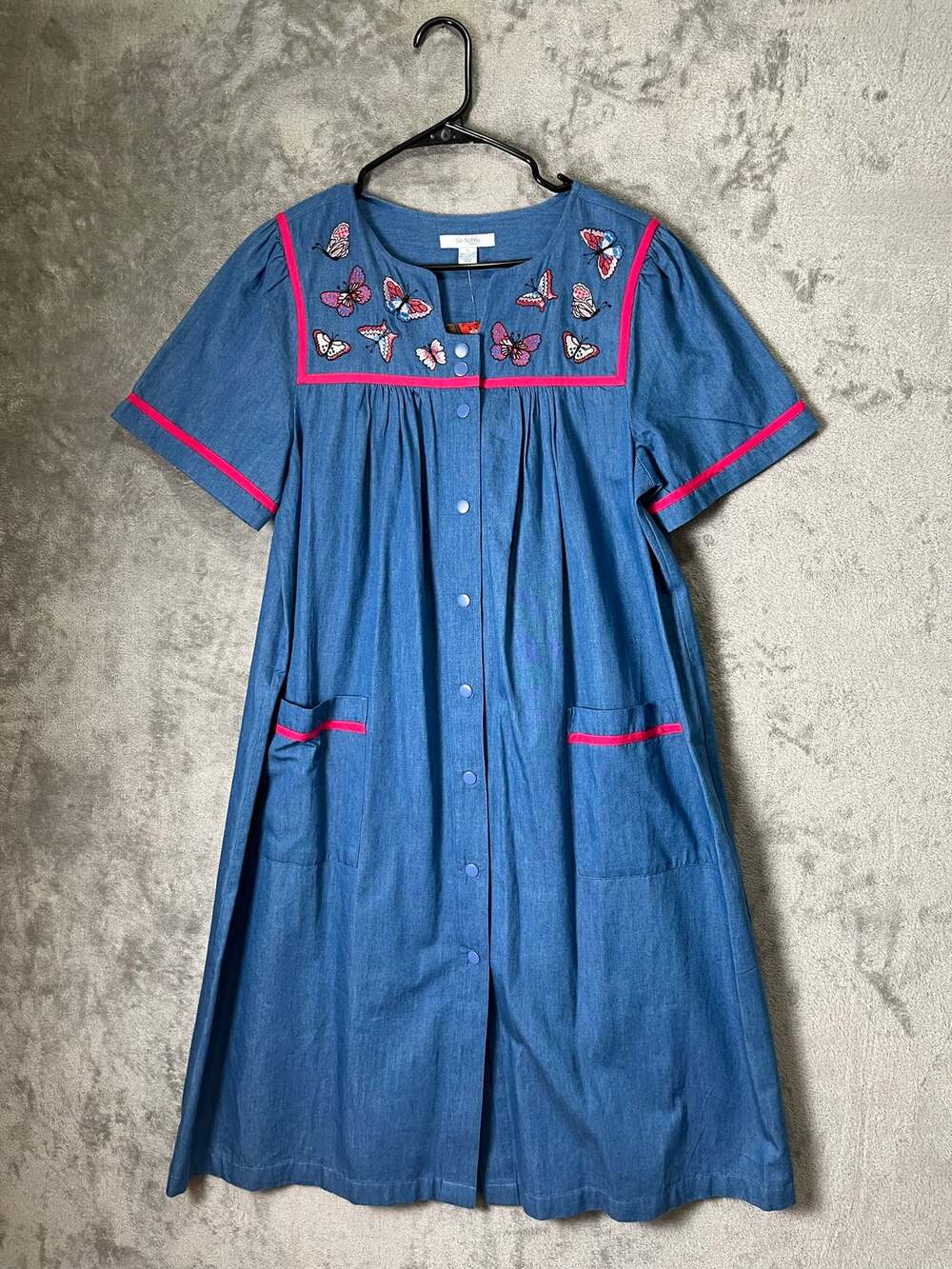 Go Softly Blue Butterfly Embroidered Chambray Snap Front Patio Dress Small New